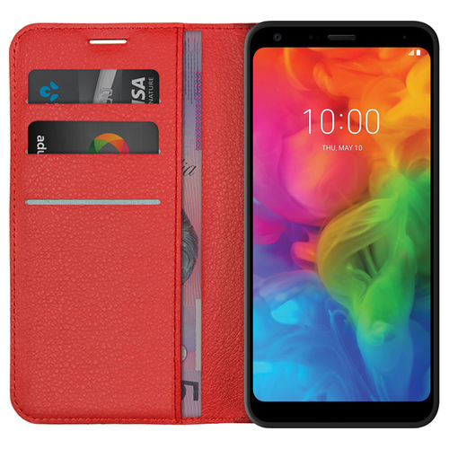 Leather Wallet Case & Card Holder Pouch for LG Q7 - Red